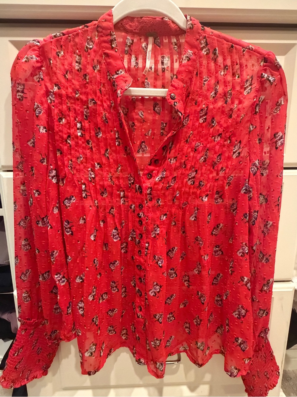 Free People Red Floral Pintuck Button-Front Blouse